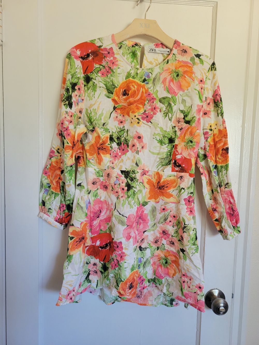 ZARA Floral Print Cut Out Back Mini Dress Long Sleeve Linen Size XL Women Orange